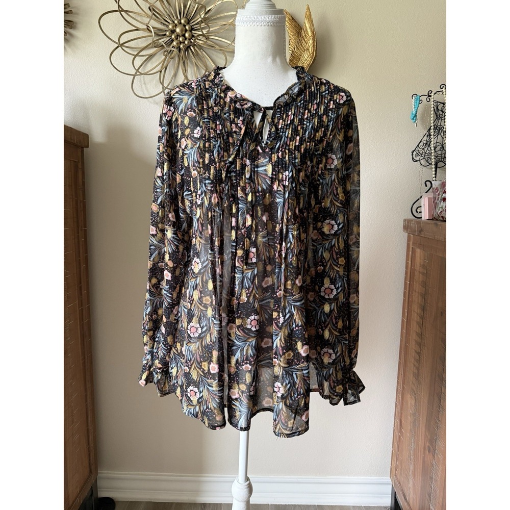 Kori America Blouse M Black Floral Metallic Gold Pintuck Ruffle Boho Romantic